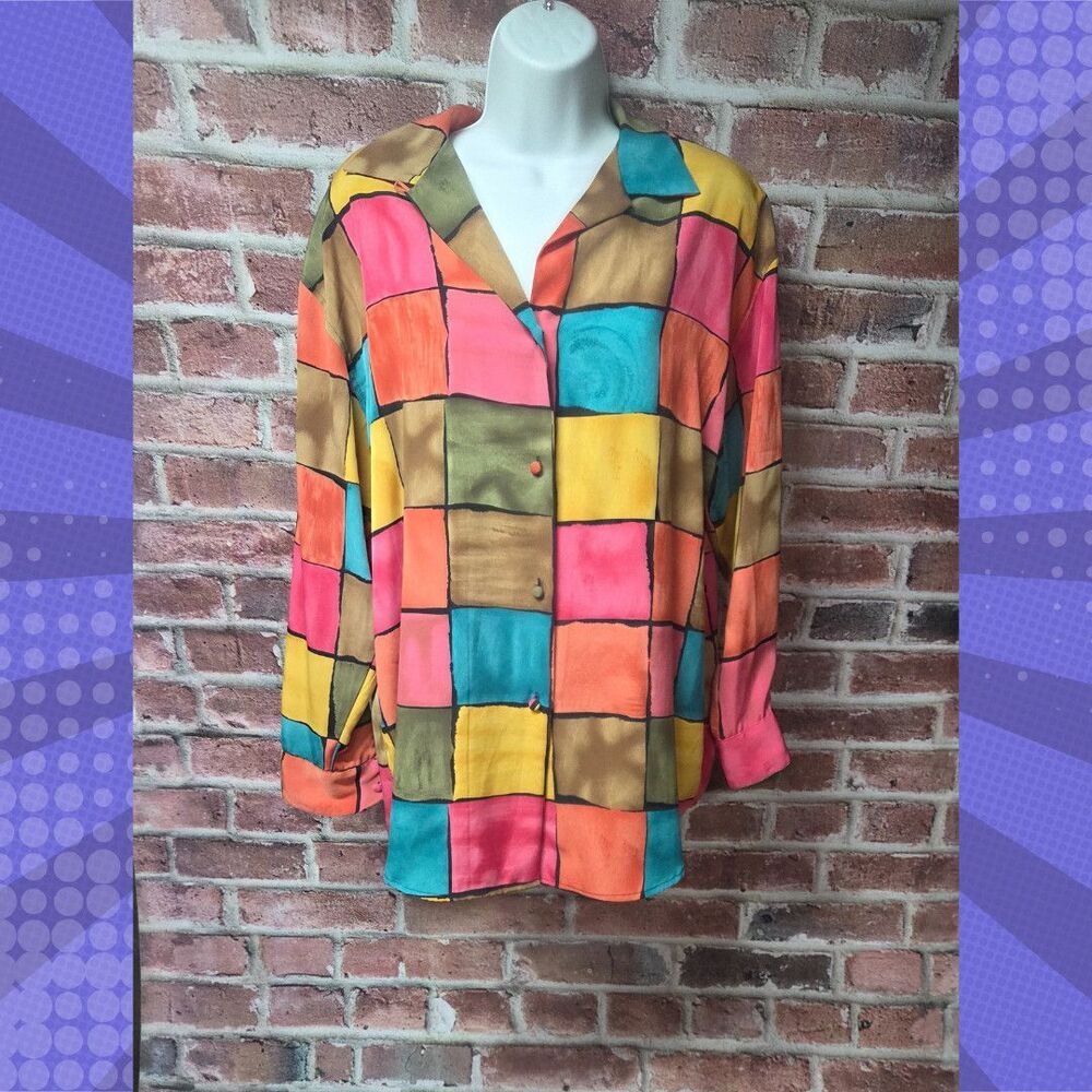 Vintage Le Caviar Women’s 80s Geometric‎ V Neck Shirt M Padded Shoulders
